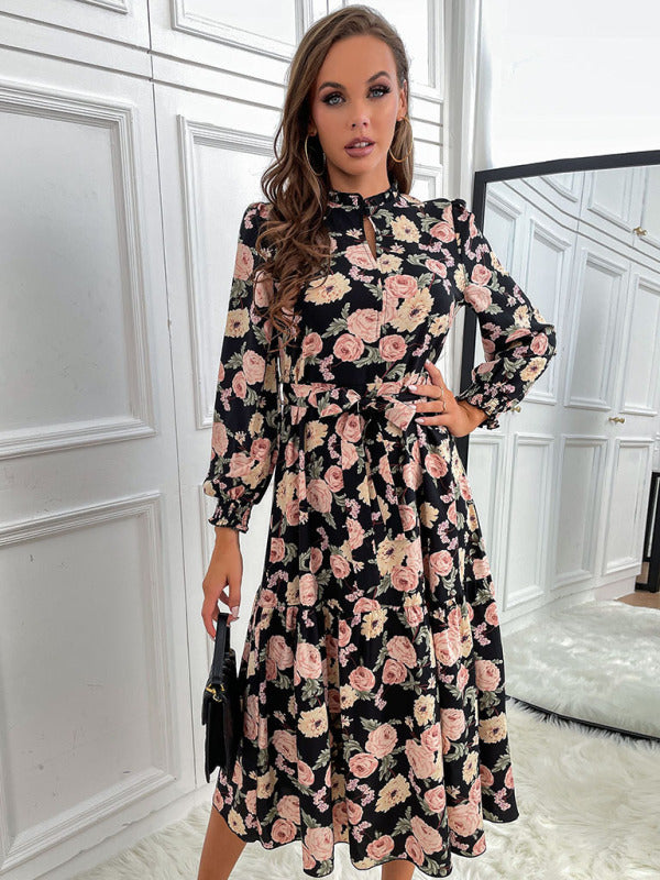 Langärmliges, halbhohes Damenkleid mit Aufdruck für Damen