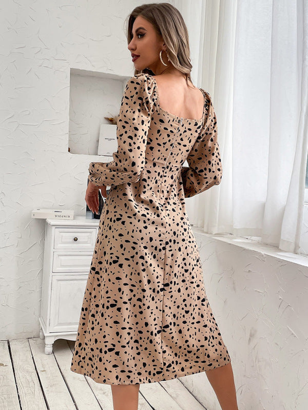 Damen-Retro-Damen-Leopardenmuster, rückenfrei, langärmelig, elegante Kleider