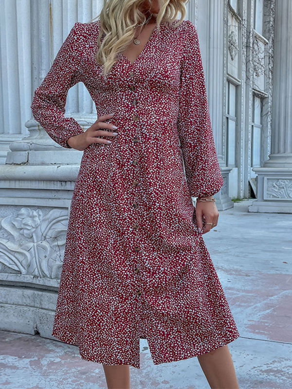 Robe croisée à manches longues et col en V, boutonnage simple, automne 