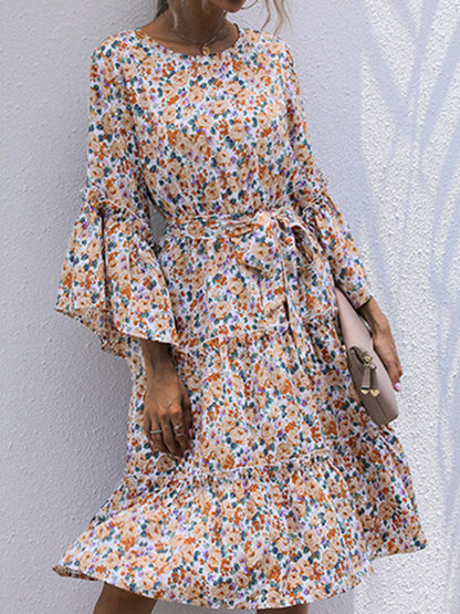 printing line with long -sleeved floral dresses in autumn and winter