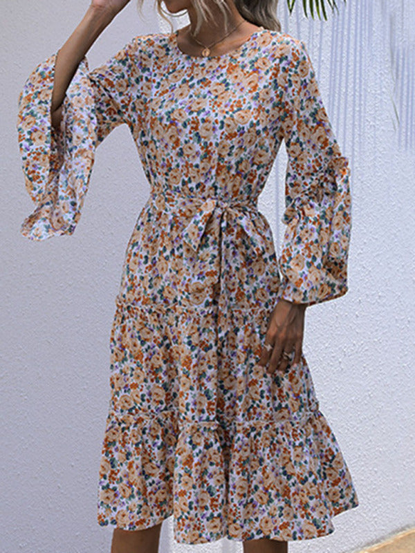 printing line with long -sleeved floral dresses in autumn and winter