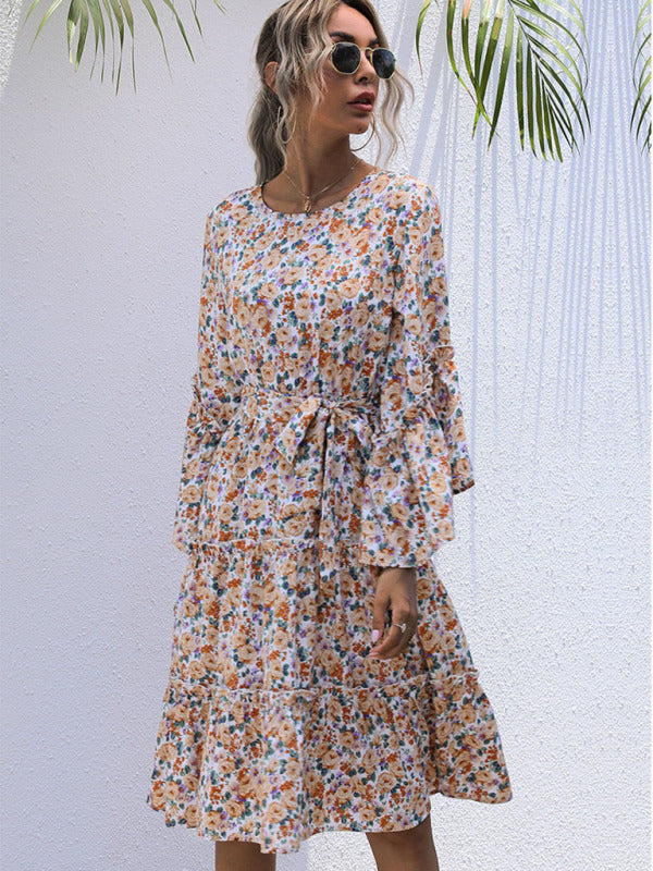 printing line with long -sleeved floral dresses in autumn and winter