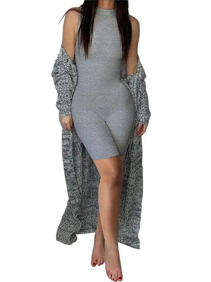 Gray jumpsuit with long knit cardigan