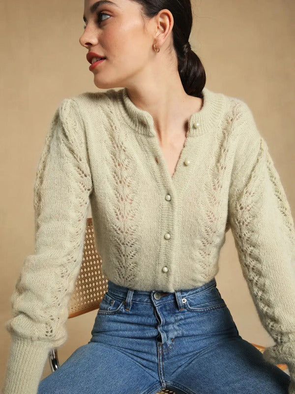 Damen-Pullover mit Rundhalsausschnitt, perlenden Knöpfen vorne und Puffärmeln 