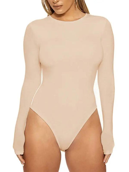 Beige long-sleeved tight-fitting jumpsuit front view