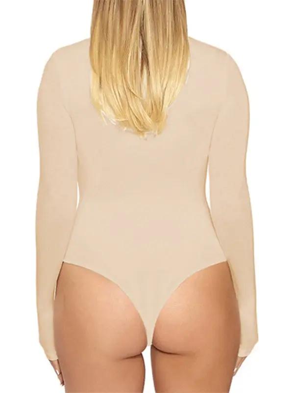 Beige long-sleeved tight-fitting jumpsuit back view