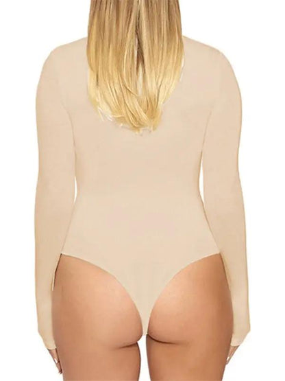 Beige long-sleeved tight-fitting jumpsuit back view