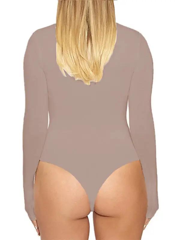 Taupe long-sleeved tight-fitting jumpsuit back view