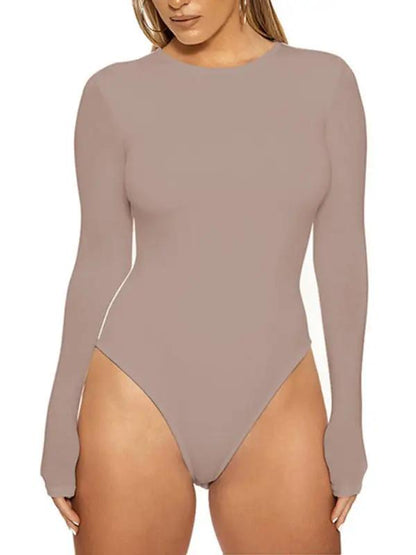 Taupe long-sleeved tight-fitting jumpsuit front view