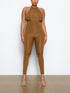 Brown sleeveless hanging neck jumpsuit, front view
