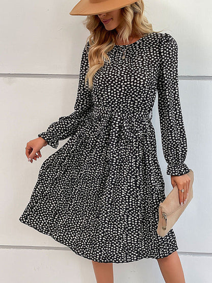 Robe à manches longues imprimé léopard pour femmes avec lien à la taille 