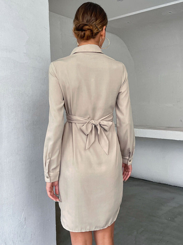 Robe élégante boutonnée à manches longues pour femmes avec haut à nouer 