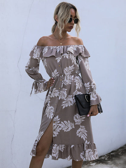 Women strapless one-piece collar long-sleeved printed thin dress