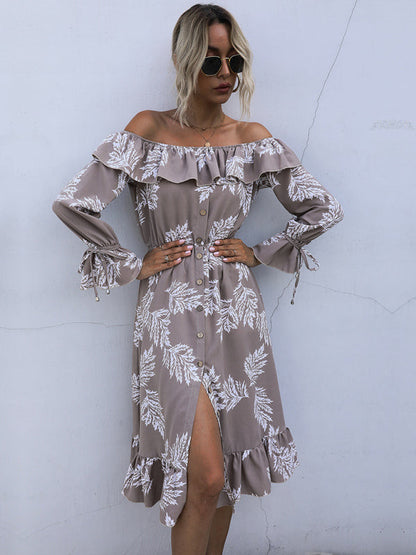 Women strapless one-piece collar long-sleeved printed thin dress