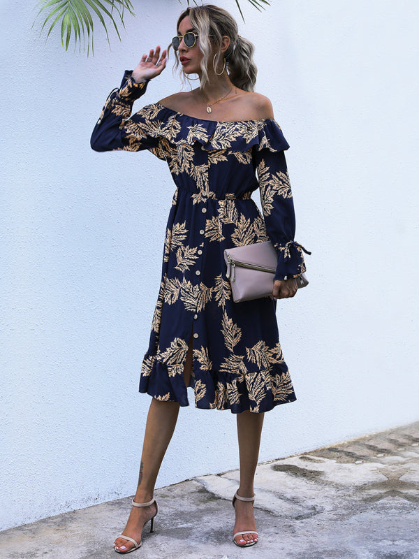 Women strapless one-piece collar long-sleeved printed thin dress