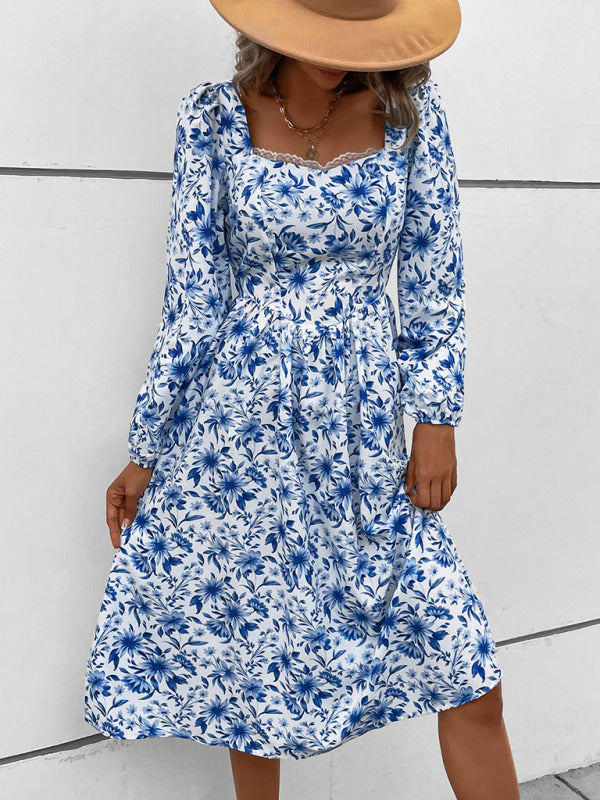 Robe vintage imprimée à col carré pour femme