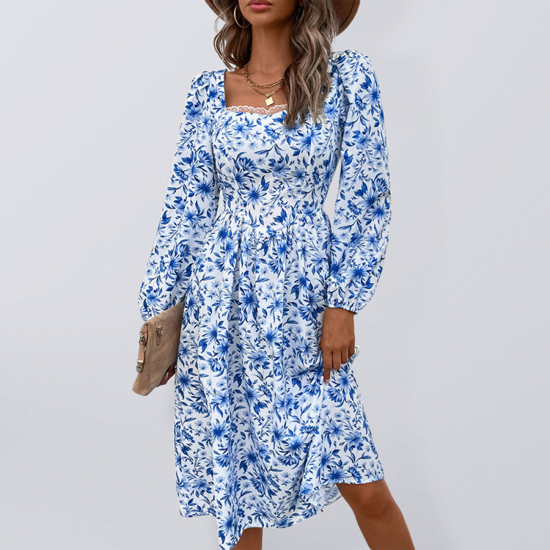 Robe vintage imprimée à col carré pour femme