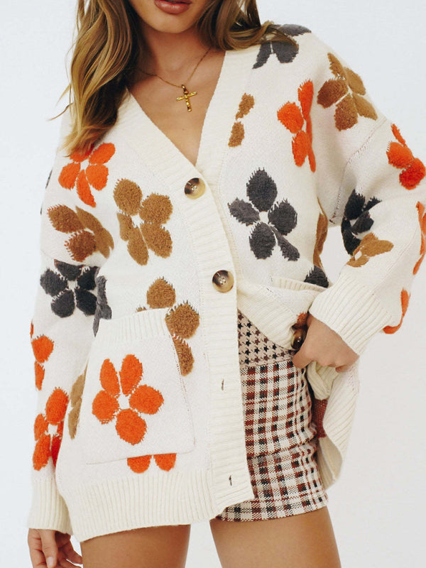 Damen-Pullover mit V-Ausschnitt vorne und Knöpfen in Farbe und Blumenmuster 