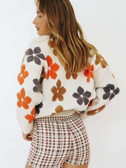 Damen-Pullover mit V-Ausschnitt vorne und Knöpfen in Farbe und Blumenmuster 