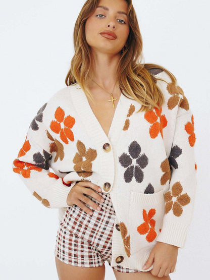 Jacquard Single-Breasted Drop-Shoulder Sleeve Sweater Cardigan