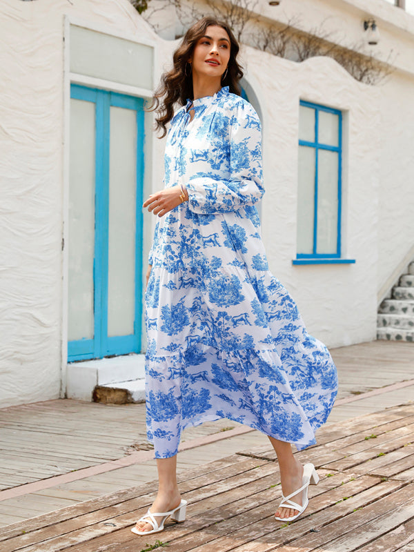 Robe longue imprimée à volants et manches longues pour femmes 