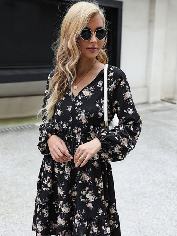 Boho Floral Print Long Sleeve Dress