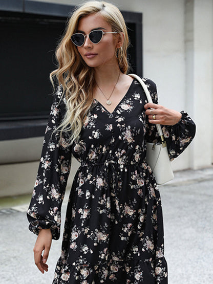 Boho Floral Print Long Sleeve Dress