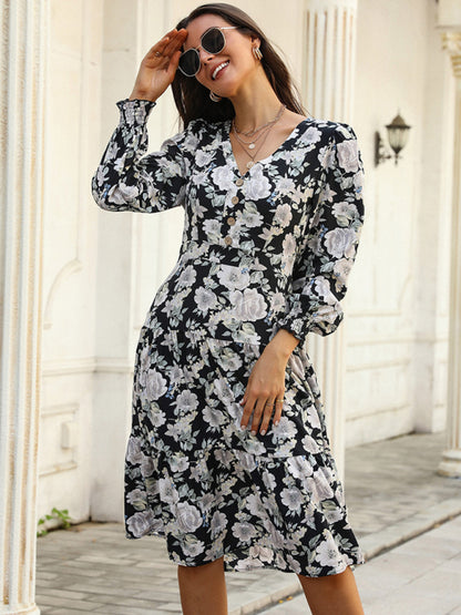 Floral Print Long Sleeve Casual Midi Dress