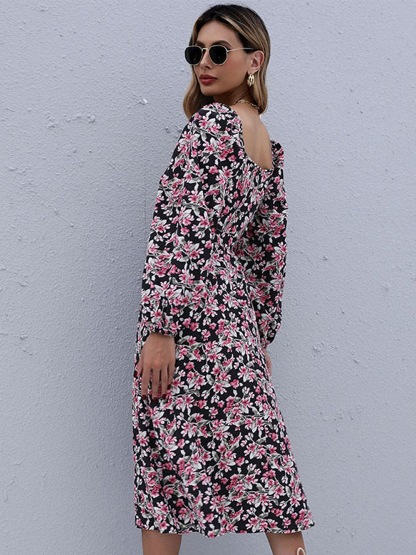 Charmante robe longue florale pour femmes avec encolure carrée et cravate cintrée sur le devant 