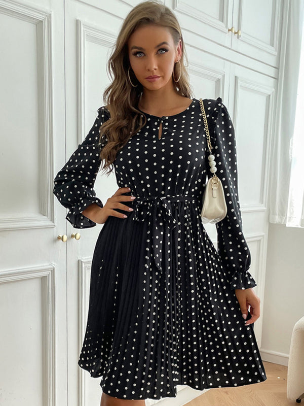 Mini robe de cocktail plissée à manches longues Aline pour femmes avec trou de serrure à l&