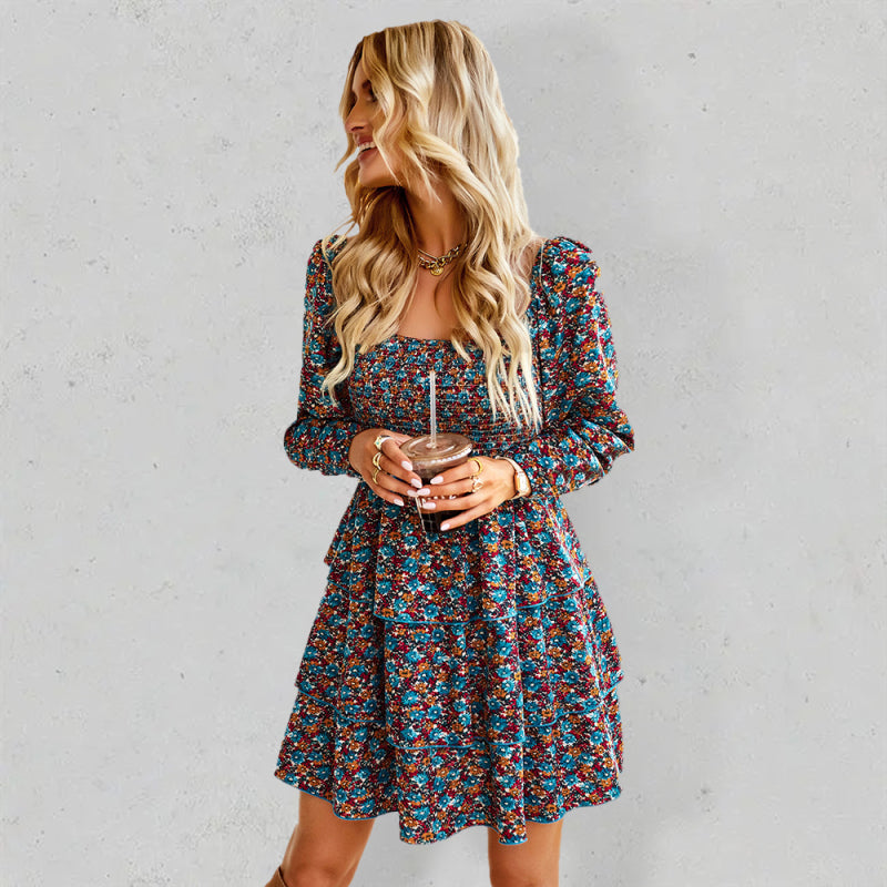 Robe gâteau imprimée à manches longues et col carré pour femme 