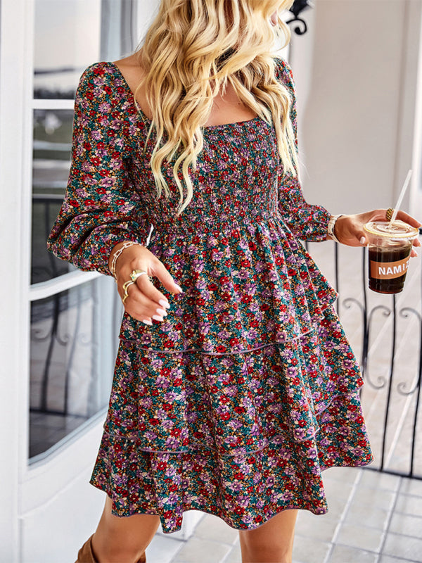 Robe gâteau imprimée à manches longues et col carré pour femme 