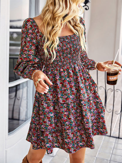 Robe gâteau imprimée à manches longues et col carré pour femme 