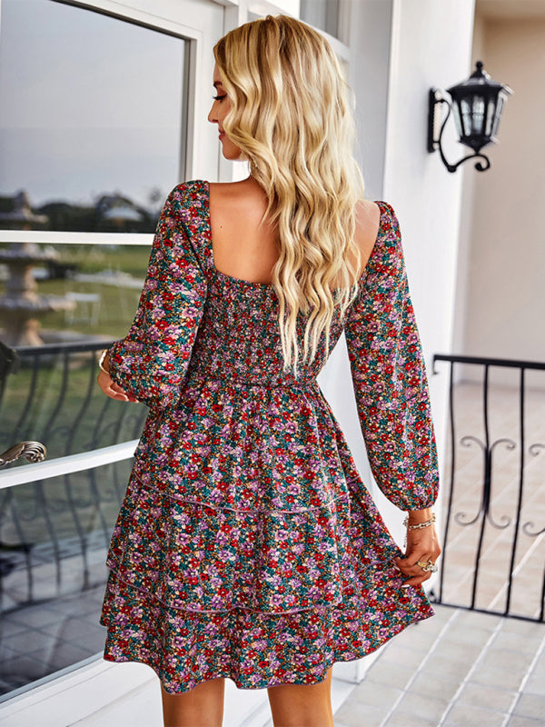 Robe gâteau imprimée à manches longues et col carré pour femme 