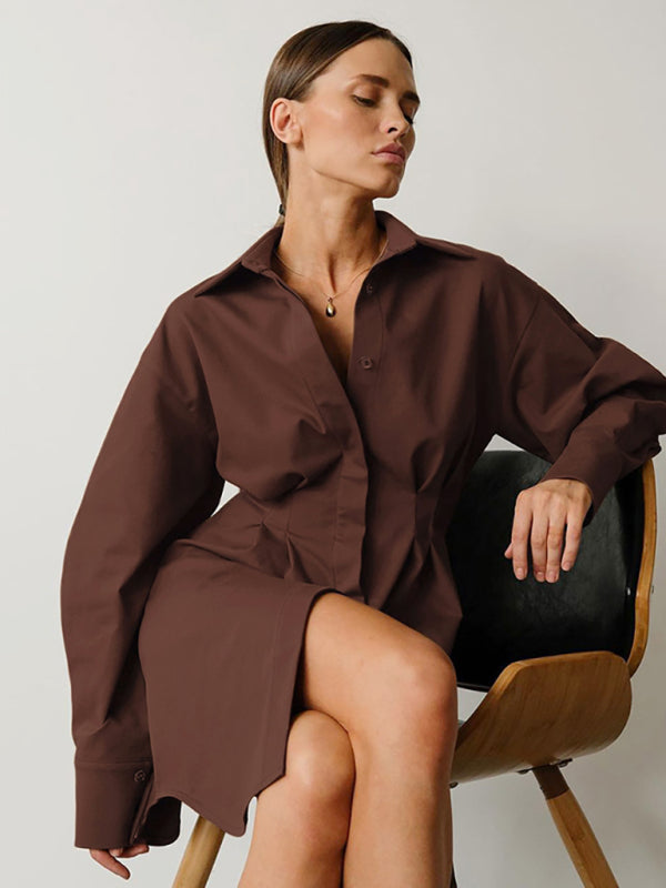 Robe chemise à manches exagérées pour femmes, saison de course à pied, col boutonné sur le devant 