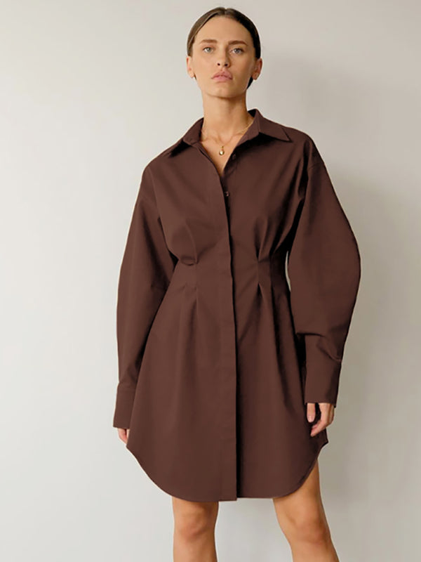 Robe chemise à manches exagérées pour femmes, saison de course à pied, col boutonné sur le devant 