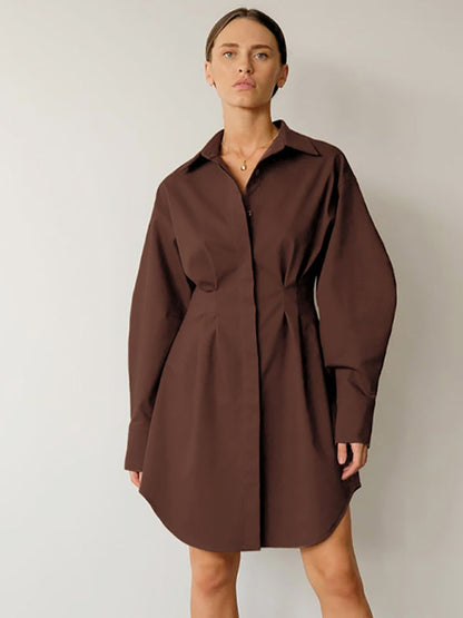 Robe chemise à manches exagérées pour femmes, saison de course à pied, col boutonné sur le devant 