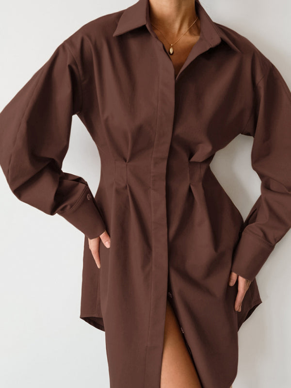 Robe chemise à manches exagérées pour femmes, saison de course à pied, col boutonné sur le devant 