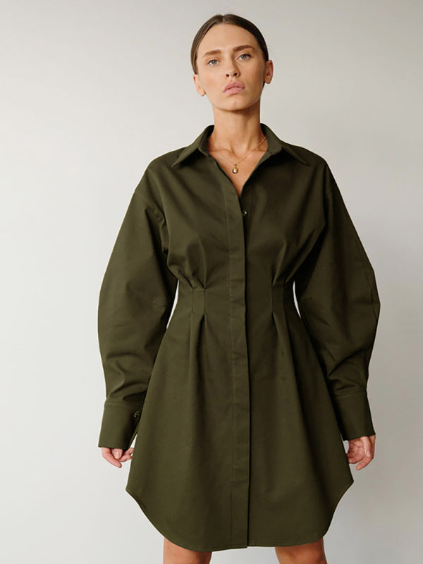 Robe chemise à manches exagérées pour femmes, saison de course à pied, col boutonné sur le devant 