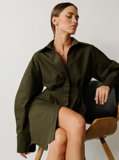 Robe chemise à manches exagérées pour femmes, saison de course à pied, col boutonné sur le devant 