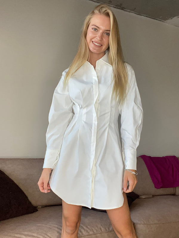 Robe chemise à manches exagérées pour femmes, saison de course à pied, col boutonné sur le devant 