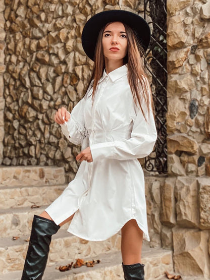 Robe chemise à manches exagérées pour femmes, saison de course à pied, col boutonné sur le devant 