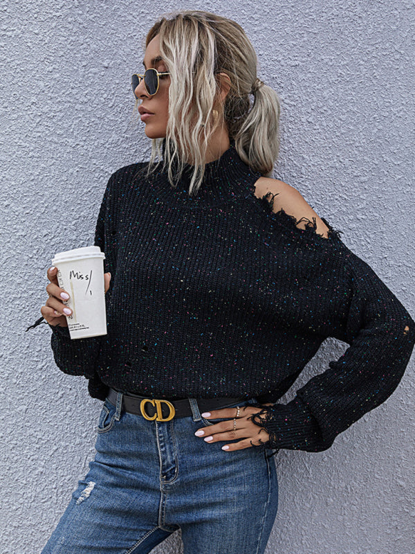 Loose off shoulder hole long sleeve high neck autumn knitted sweater for women