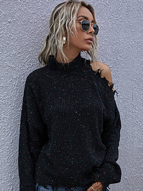 Pull super chic à col montant et manches longues avec découpe sur les épaules pour femme 