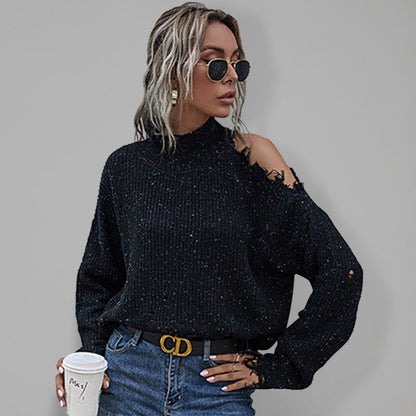 Loose off shoulder hole long sleeve high neck autumn knitted sweater for women