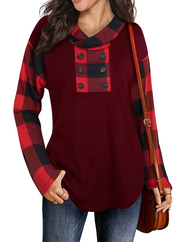 New stitching long-sleeved printed plaid hooded sweater T-shirt for women