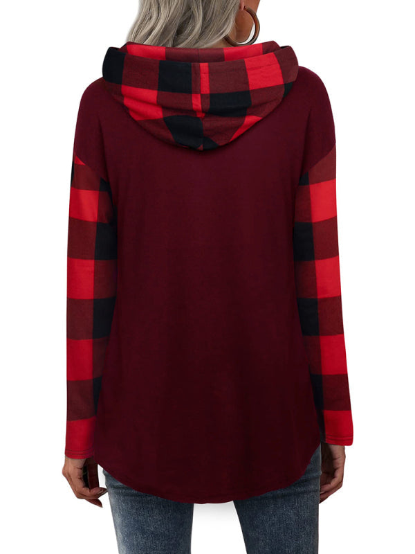 New stitching long-sleeved printed plaid hooded sweater T-shirt for women