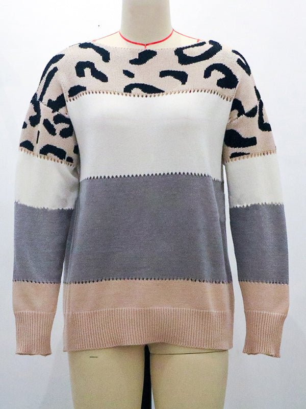 Leopard print round neck color block sweater autumn and winter new women&
