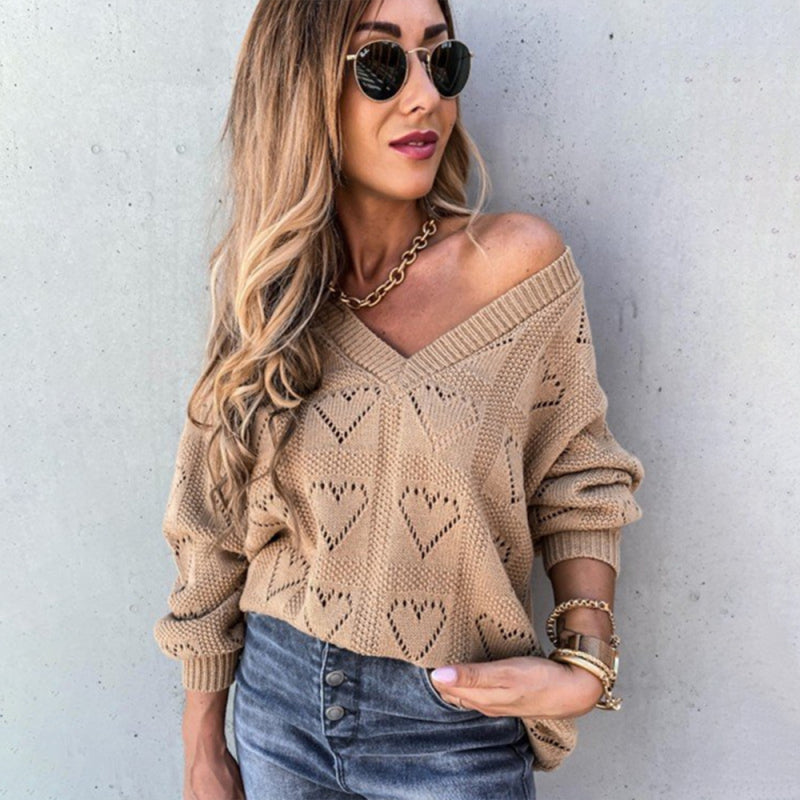 Pullover solid color V-neck heart-shaped hollow loose knitted sweater