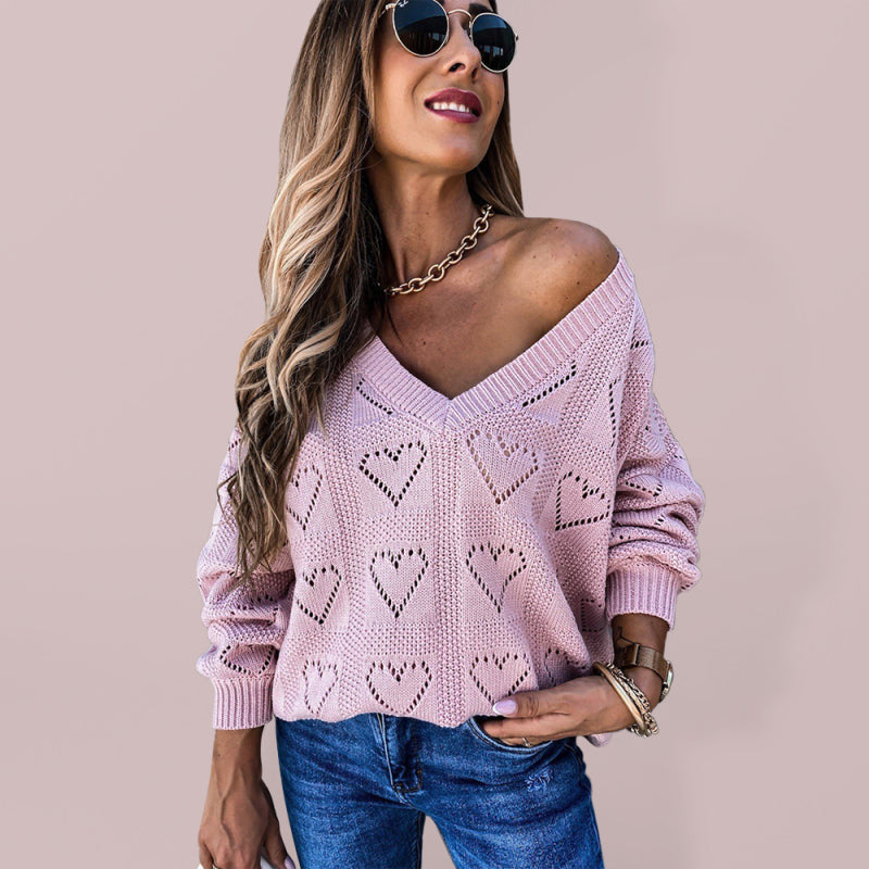 Pullover solid color V-neck heart-shaped hollow loose knitted sweater